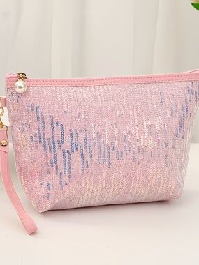 Large Pink Sequin Makeup Bag Clutch w/ Pearl Zipper Pull